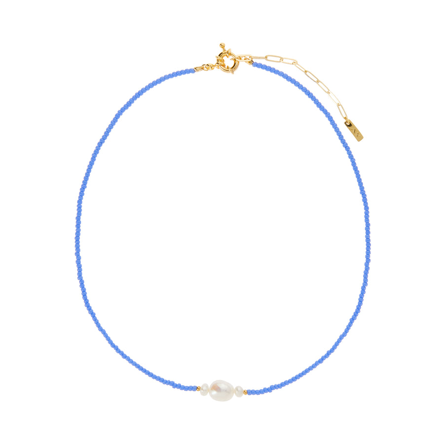 blue beaded choker with pearl