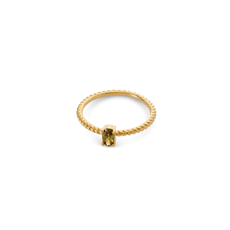 dainty gold ring with olive green stone